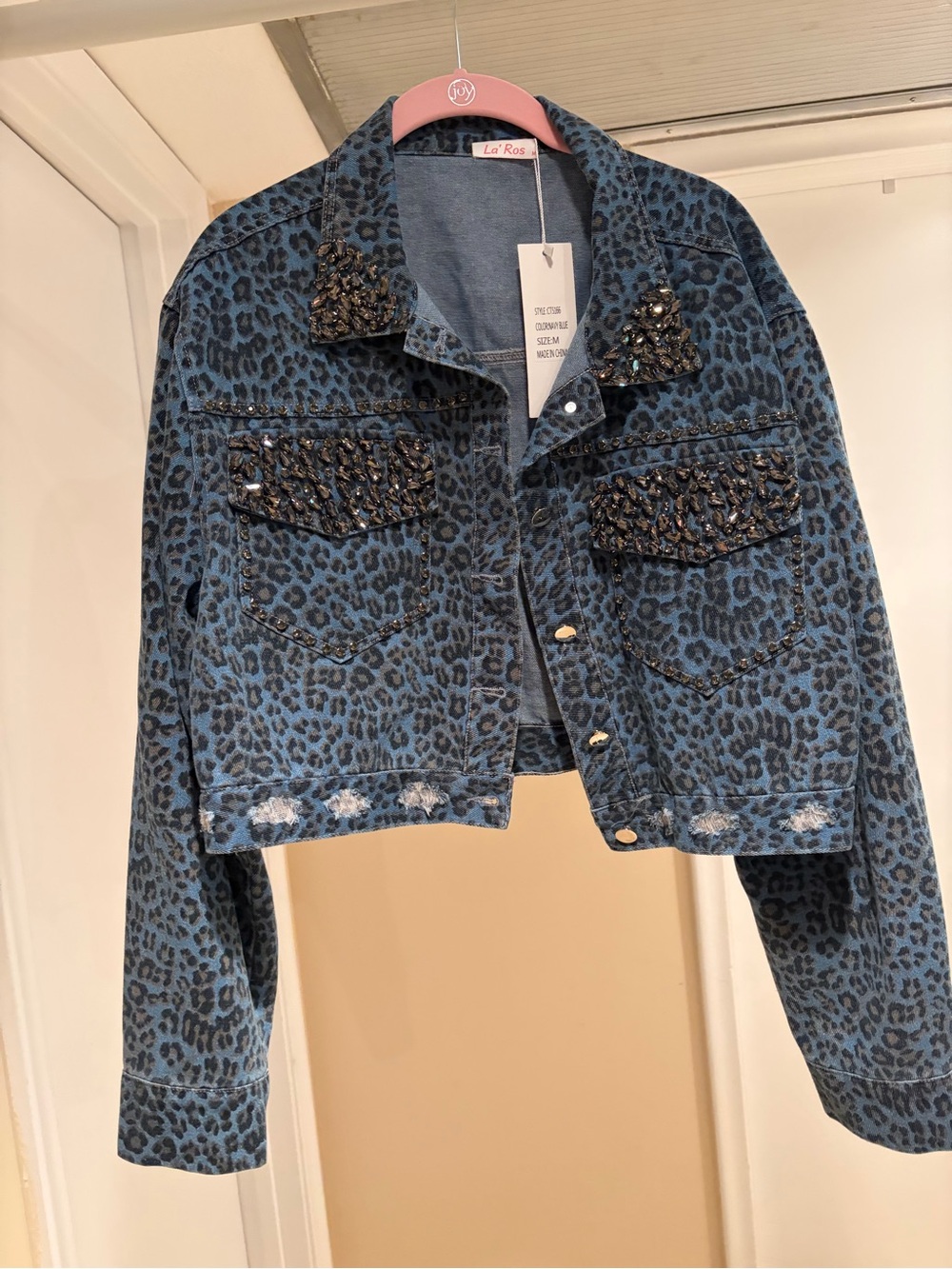 Blue Leopard-Print Embellished Cropped Jacket